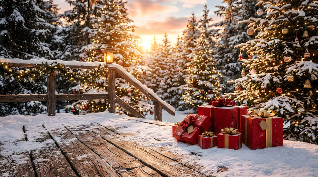 Festive christmas gifts on snow-covered wooden porch in winter forest