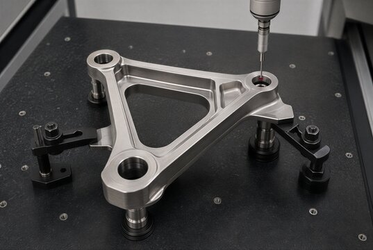 Tactile CMM probe measures a precision bore in a lightweight machined structural bracket secured on a granite table. Geometric tolerance dimensional compliance and industrial quality assurance concept