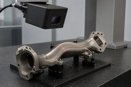 Non-contact optical scanner projects a red laser line across a precision machined metal manifold on a CMM fixture. Industrial 3D metrology quality control and dimensional inspection concept