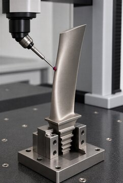 Tactile CMM ruby ball probe inspects the curved airfoil surface of a precision turbine blade held by a dedicated fixture. Turbomachinery metrology dimensional verification and quality control concept