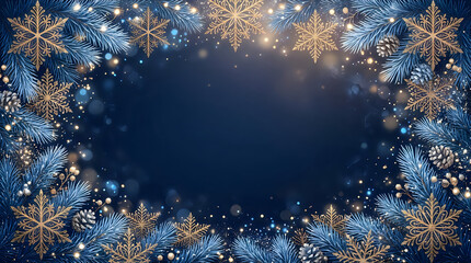 Fototapeta premium Blue winter holiday frame with golden snowflakes and frosted pine needles