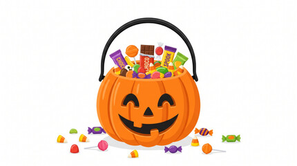 Smiling pumpkin bucket overflowing with Halloween candy and chocolates © Dian