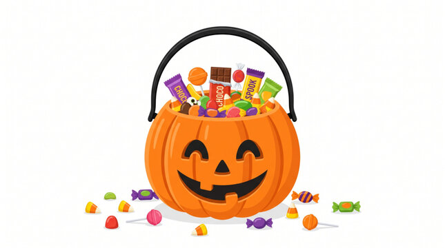 Smiling pumpkin bucket overflowing with Halloween candy and chocolates