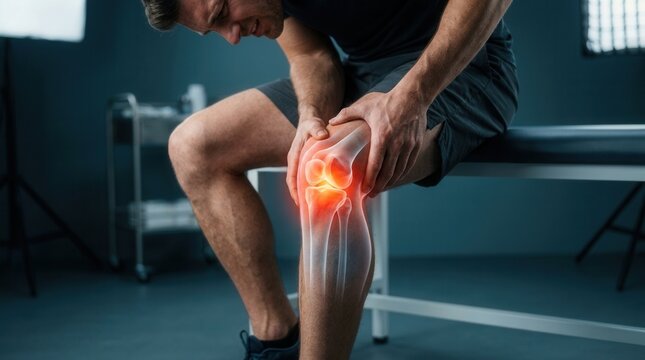Medical assistance concept showing a man with painful knees and glowing red-yellow bones.