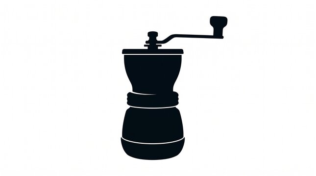 Black silhouette of a manual coffee grinder on a white background