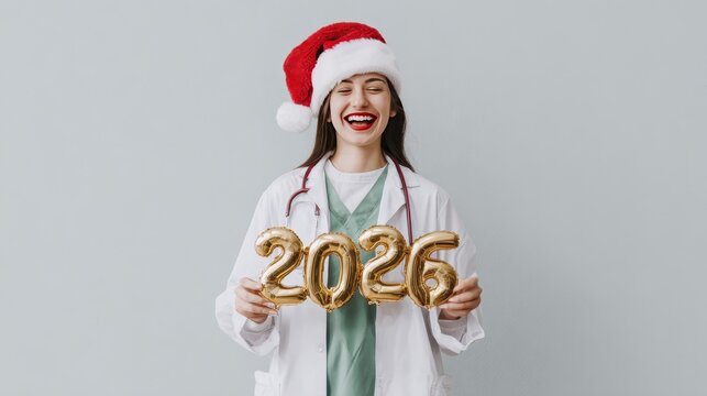Joyful doctor celebrating new year 2026 in festive santa hat with gold balloons