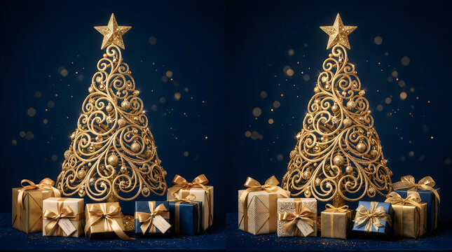 Elegant golden decorative christmas trees with gift boxes on dark background