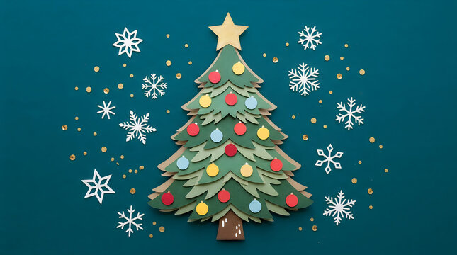 Decorative christmas tree with colorful ornaments and white paper snowflakes
