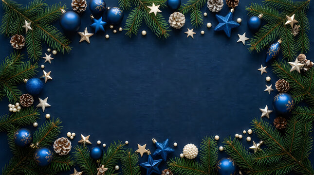 Blue and gold christmas decorative border frame on dark texture with christmas