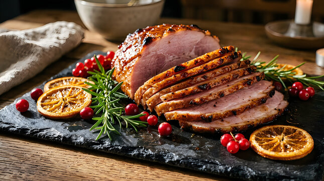 Sliced glazed ham platter with dried oranges and cranberries