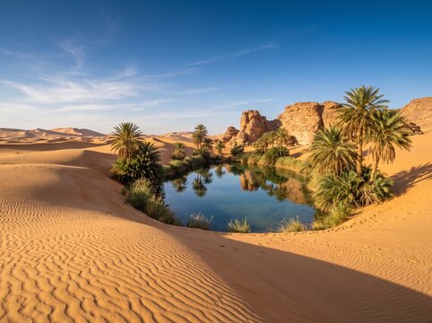 Serene desert oasis featuring clear blue water surrounded by golden sand dunes and lush palm trees