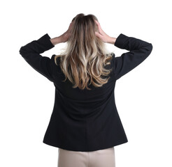 Obraz premium Choice. Businesswoman in suit on white background, back view