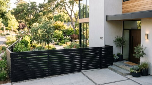 Modern black slat fence surrounds a contemporary home entrance with lush landscaping and clean architectural lines.