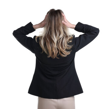 Choice. Businesswoman in suit on white background, back view