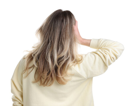Choice. Woman on white background, back view