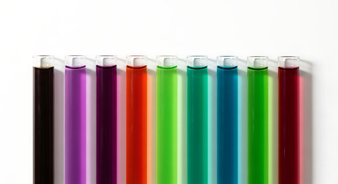 Row of nine glass test tubes filled with colorful liquid samples against white background