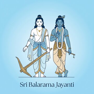 Illustration of two traditional figures standing together with a plow and flute on a light blue background