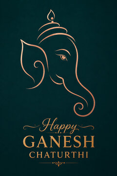Elegant lord ganesha copper line art portrait on deep teal background for ganesh chaturthi greeting and traditional lord ganesha puja festive celebration