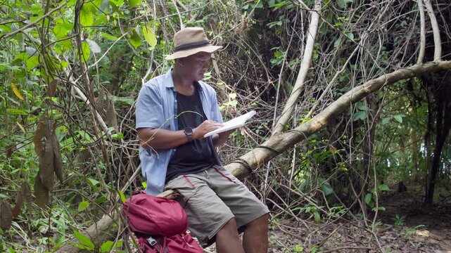 Jungle explorer sitting on a fallen tree in a dense tropical forest, reading a book while taking a peaceful break from trekking, surrounded by lush greenery and natural wilderness.