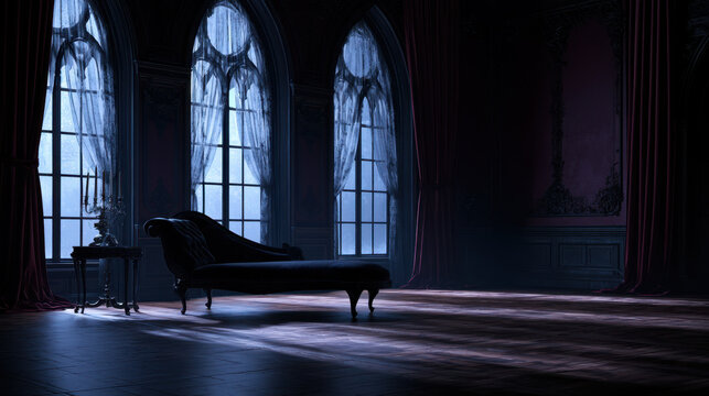 Gothic victorian interior with antique chaise lounge, tall arched windows and velvet curtains glowing in mysterious blue moonlight