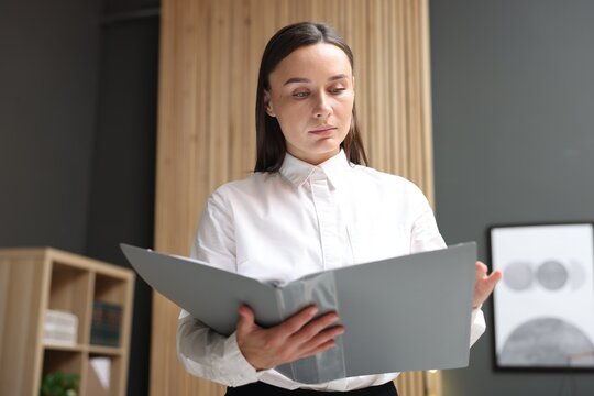 Lawyer with folder in office, low angle view