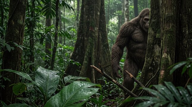 A large, hairy ape-like creature lurking in a dense forest.