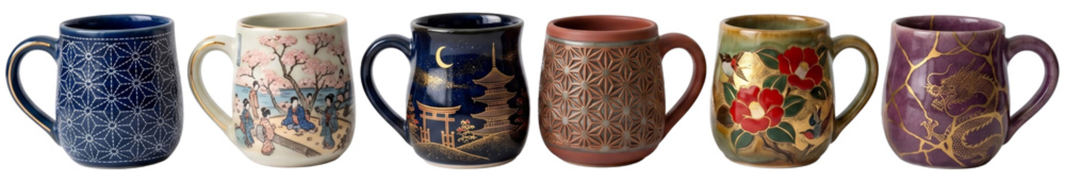 Six Japanese Ceramic Mugs Aligned in Row with Text: Sashiko, Geisha, Pagoda, Kumiko, Camellia, and Golden Dragon Designs Handcrafted Pottery Set Isolated on Transparent Background Stock Photo Banner