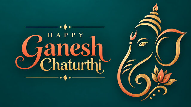 Ganesh chaturthi lord ganesha puja minimalist elephant deity line art with lotus flower dark green background festive hindu greeting card illustration design