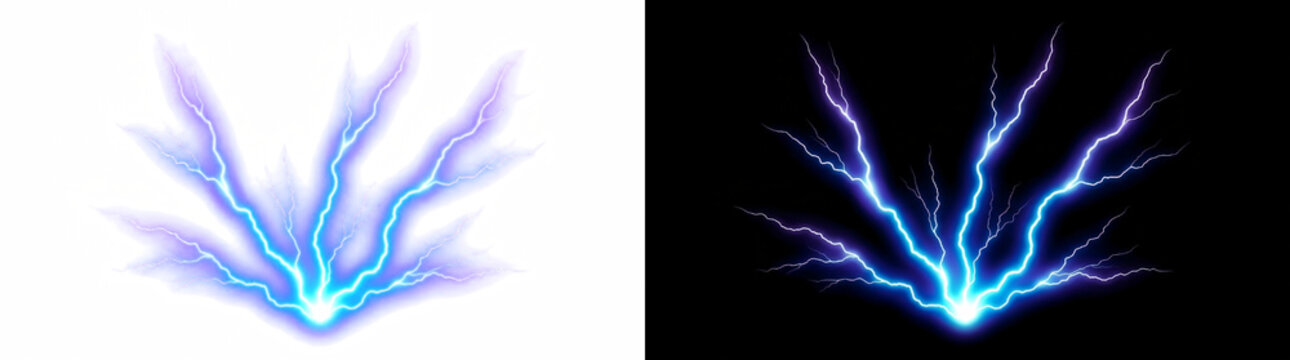 Electric ground lightning discharge burst with jagged glowing blue energy arcs, luminous effect overlay isolated on transparent background