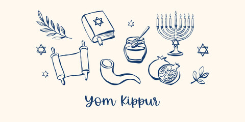 Naklejka premium Yom Kippur symbols: menorah, shofar, star of David, Torah, pomegranate, honey