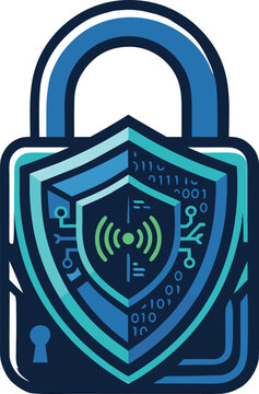Digital security padlock icon with a shield and wireless network symbol