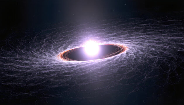 A bright glowing star surrounded by a dark accretion disk and a vast swirling purple cosmic web in deep space