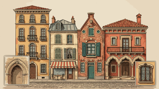 Hand drawn European street facades with architectural detail insets - Perfect for city branding, travel editorials, or wall art