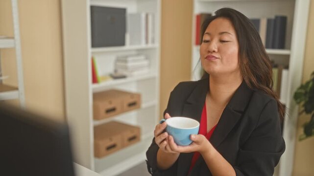 Woman holding blue coffee cup with both hands, tilting head and smirking while seated at a desk with monitor and bookshelf in an office building; quiet contemplation.
