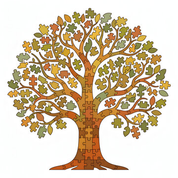Stylized tree made of jigsaw puzzle pieces in autumn colors on white background