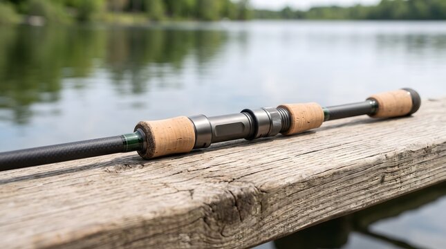 A fishing rod with a spinning reel lies on a wooden pier by a calm lake. AI generated.