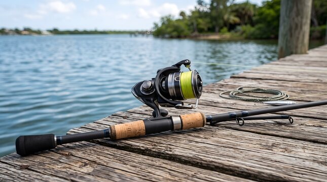 A fishing rod with a spinning reel lies on a wooden pier by a calm lake. AI generated.