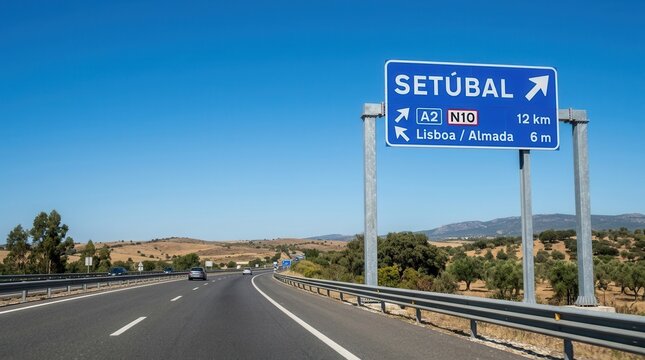 Highway Sign In Portugal Directing To Setubal Lisboa Almada Via A2 N10 Roads