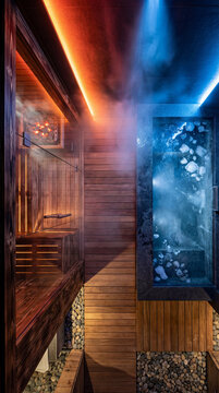 Luxurious spa featuring an infrared sauna and ice bath, highlighted by vibrant LED lighting to create a captivating contrast. Streamlined design with wooden finishes. Image made using Generative AI.