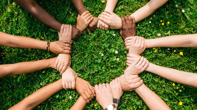 Diverse hands joined in a circle over lush green grass in summer with human bond