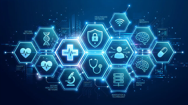 Digital medical infographic with glowing connected healthcare icons