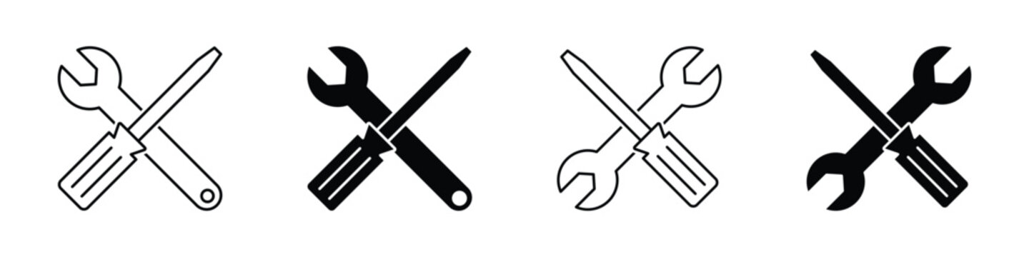 Crossed wrench and screwdriver icon set for repair service and technical support vector illustration