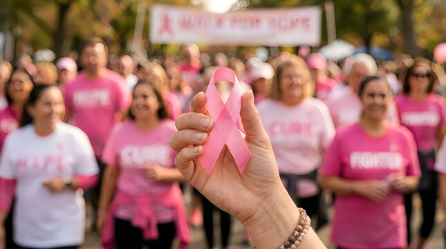 Person holding pink awareness ribbon at a cancer support charity walk event