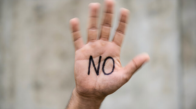 Human hand with the word no written on palm as a gesture of refusal