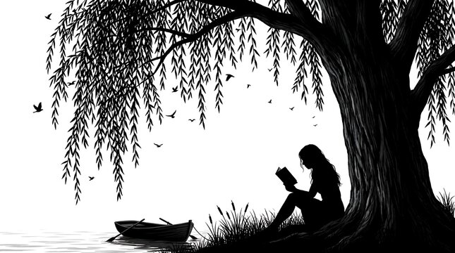 Black and white silhouette woman reading under willow tree by water with boat and birds