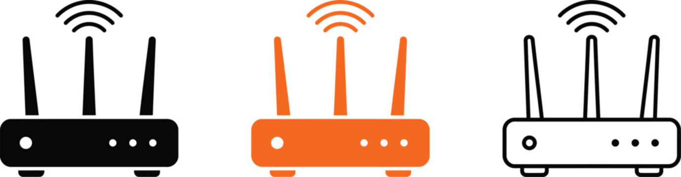 Set of three wireless router icons in different styles, black silhouette, orange flat, and black outline design, vector illustration