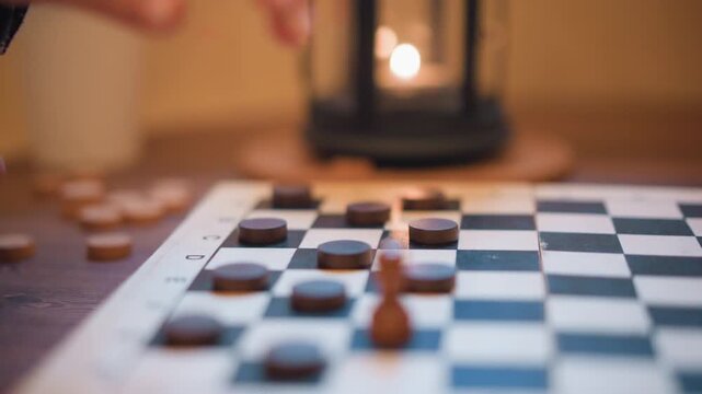 Close up of hand moving wooden game pieces on checkers board. person wearing plaid sleeves manipulates brown and tan tokens across black and white squares. Soft lighting from out of focus