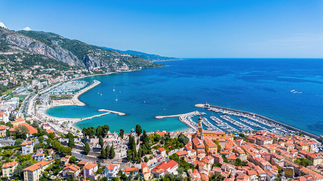 Aerial drone view of the Sablettes Beach in Menton on the coast of the Mediterranean Sea in the French Riviera