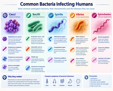 Common Human Bacterial Pathogens Infographic with Shapes Diseases and Prevention