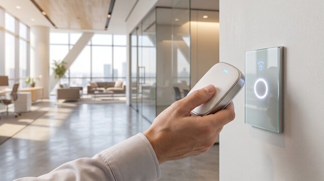 Person using smart access control system in a modern office hallway